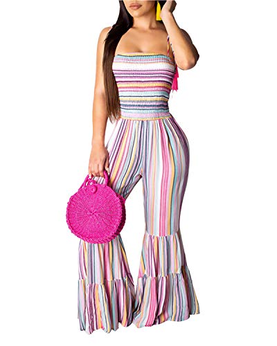 BIUBIU Women Bell Bottom Playsuit Jumpsuit, Spaghetti Strap Cold Shoulder Empire Waist Flare Pants Rompers Jumpsuits Pink S