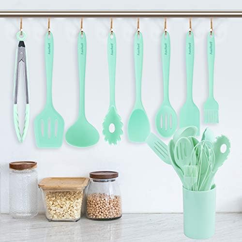 Aschef Ensemble d'Ustensiles de Cuisine en Slicone, Lot de 11 Ustensile de Cuisine Pratique et Robuste avce le Rangement, Anti-Adhésive, Kit Ustensile Cuisine Complet avec Spatule, Couleur Bleu