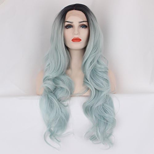 Arimika 26inch Ombre Mint Green Bodywave Heat Safe Synthetic Soft Bouncy Layered Lace Front Wig For Women Short 2-3inch Dark Roots Decent Parting Space Transparent Lace