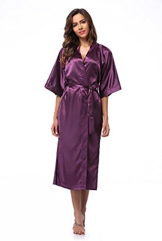 Women's Pure Color Kimono Robe, Satin Bathrobe Long Nightwear, Dark Purple XL