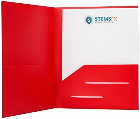 STEMSFX Heavy Duty Plastic 2 Pocket Folder - Pack of 12 Folders Red - for Letter Size Papers, Includes Business Card Slot