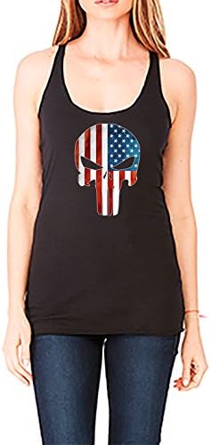 Womens Distressed American Flag Punisher Sleeveless Racerback Tank Top T-Shirt (Medium, Black)