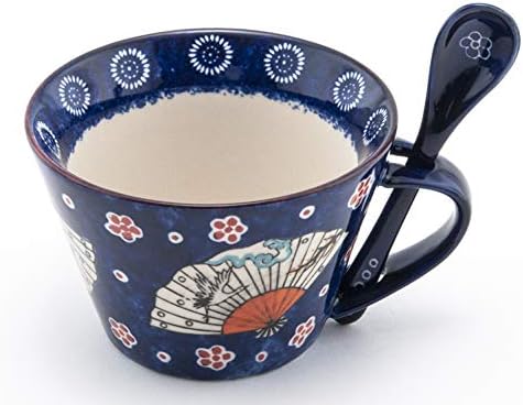 Mira Designs Attractive Ceramic Mug with Matching Spoon 12 fl oz Cup for Coffee Tea Latte Cafe Mocha Hot Cold Beverage (Blue Fan)