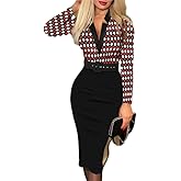 OSCORP Women’s Collared Long Sleeve Bodycon Midi Dress with Detachable Belt – Printed Office, Party & Evening Daily Dress