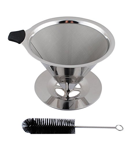 Click Here to See More Images Stainless Steel Pour Over Coffee Dripper Paperless Reusable Drip Brewer Cone Coffee Filter with Cup Stand &Cleaning Brush (304 stainless steel)