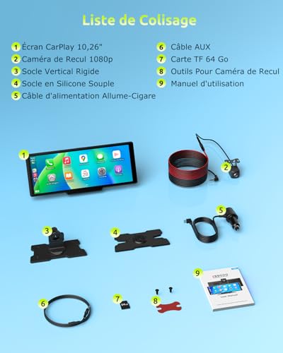 ESSGOO CarPlay Car, Supports Wireless CarPlay and Android Auto, 10.26 Inch IPS Touch Screen, 4K Front Camera and 1080P Rear View Camera, Bluetooth 5.3, GPS, FM, AUX, Mirror Link, TF Card 64G
