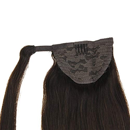 LaaVoo 12" Hairpiece Ponytail Clip on Extension Long Smooth Human Hair For Short Hair Colorful Darkest Brown Straight Wrap Ponytail Extension For Women 80g (#2) - Thumbnail 4