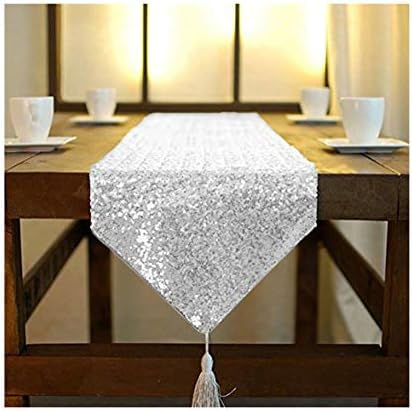 ShinyBeauty Silver Sequin & Tassel Table Runner 30x180cm, Glitter Wedding Party Banquet Table Decor, Elegant Table Linen for Events and Home Decoration