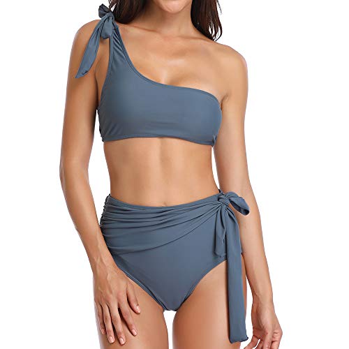 Advoult High Waist Bikini Sets for Women Two Piece Fashion Swimsuit One Shoulder Bathing Suits Swimwear Grey - Thumbnail 5