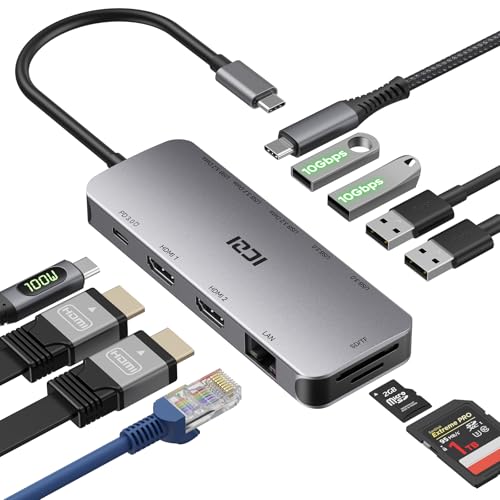 ICZI USB C Docking Station Dual HDMI 11 IN 1 USB Hub 2 HDMI, Gigabit Ethernet, 5X USB C/USB A Ports, PD 100W Schnellladen, SD/TF Kartenleser