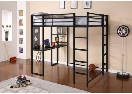 Full Size Metal Loft Bed Over Workstation Desk, Corner Shelves, Black Finish, Sturdy Metal Frame, Two Ladders, Multi-Functional, Space Saving Design, Bundle with Expert Guide for Better Life