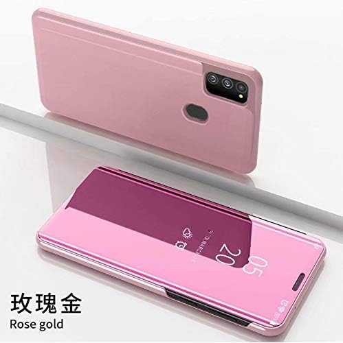 Smfu Cover Samsung Galaxy M30s,Case Mirror Design Clear View Ultra Slim Electroplate Standing Case + Tempered Glass Film 2 Pieces 360° Protective Flip Mirror for Samsung Galaxy M30s -Rose Gold