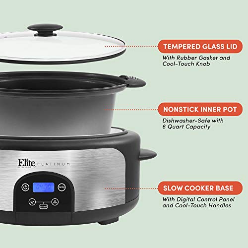 Maxi-Matic MST-610DT Digital Programmable Slow Cooker with Locking Lid, Nonstick Oval Pot Delay Timer, 3 Temperature, 8 Pre-Set Functions, 6 quart Capacity, Stainless Steel