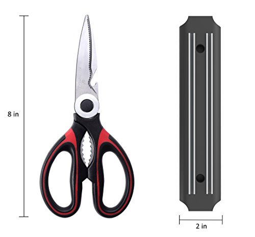Heavy Duty Red Kitchen Shears - Multi Purpose Scissors Best for: Poultry, Fish, Seafood, Herbs, Vegetables, Meat and BBQ - Magnetic Bar included.