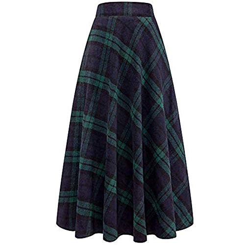 Kehen Women Elastic High Waisted Plaid Skirt Spring Fall Winter Flare A-line Skirts Green Medium (US:6)