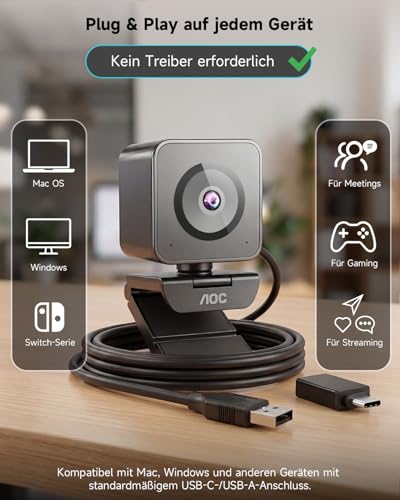 AOC UHD Webcam 4K, Webcam with Lens Cover & Dual Microphone, 75° Streaming Camera with Auto Focus, Automatic Light Correction, Plug & Play, PC Camera for Conferences, FaceTime, Linux, Win10, Mac OS