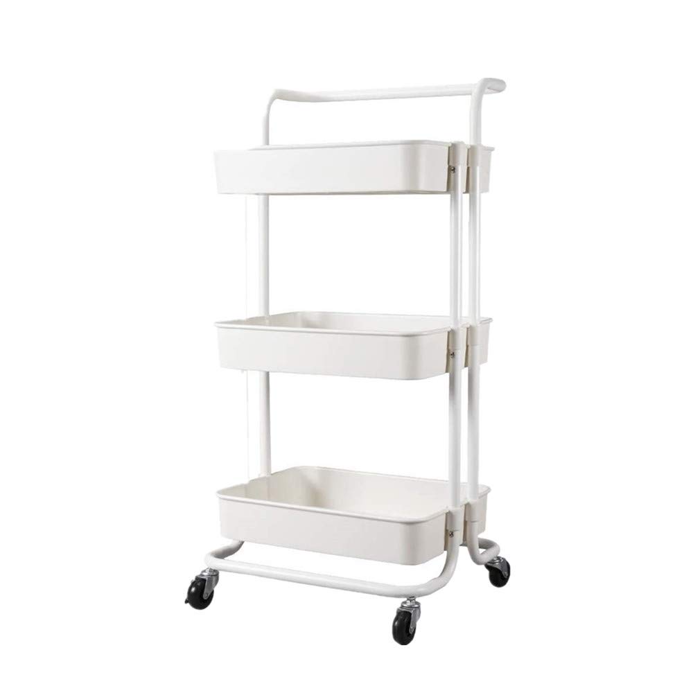 U-HOOME3-Tier Rolling Utility Cart Trolley Cart Multifunction Storage Shelves with Mesh Basket, Handles and Wheels, Adjustable Organizer Rack Service Cart for Office, Kitchen, Bedroom(white)