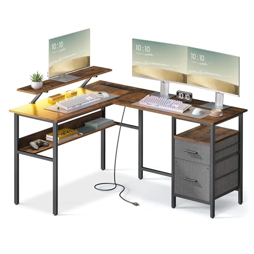 VASAGLE L-Shaped Desk with Power Outlets, Computer Desk with Monitor Stand, Corner Desk, Gaming Desk with LED Lights, 2 Drawers, Easy to Assemble, for Home Office, Rustic Brown ULWD095K03