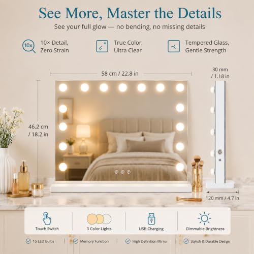 Hcosmy Vanity Mirror with Lights Lighted Makeup Mirror with 15 Dimmable LED Bulbs,3 Color Lighting Modes,USB Charging Port Touch Control,Sturdy Metal Frame Design 24x18 Inch