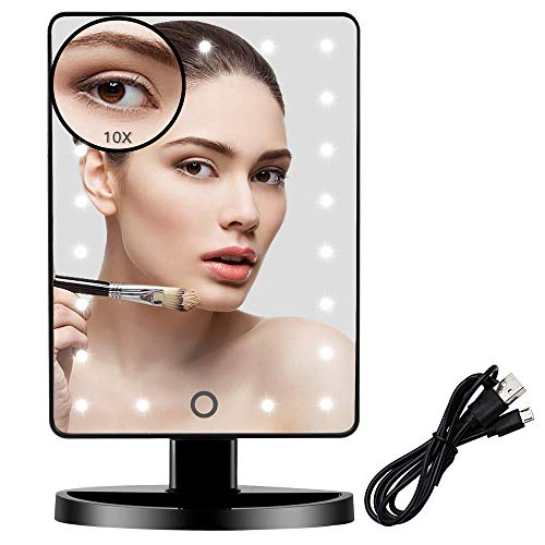 Vanity Lighted Makeup Mirror with 21 Led Lights Dual Power Supply, Cosmetic Desk Table Makeup Mirror with Detachable 10X Magnification, Touch Screen Light Adjustable Dimmable 180° Rotation(Black)