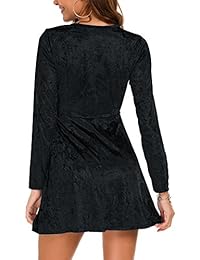 DGMYG Mujer Elegante Manga Larga Cuello en V Vestido de terciopelo acampanado Una Línea Fiesta Mini Vestido