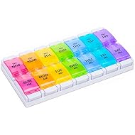 Sukuos AM PM Weekly Pill Organizer 2 Times A Day, Large Daily Pill Box Case 7 Day with Easy Push Button Design, Detachable Medicine Holder for Vitamin/Fish Oil/Supplements (Rainbow)