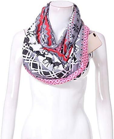 Women Christmas Santa Print Convertible Infinity Scarf Pocket Zipper Pocket Autumn Winter Shawl Holiday Scarves Gift