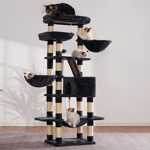 Heybly Cat Tree for Large Cats,68 inch Multi-Level Cat Tower for Indoor Cats,2 Widened Plush Perches Cat Condo with Scracthing Board and Big Caves,Smoky Gray HCT025G