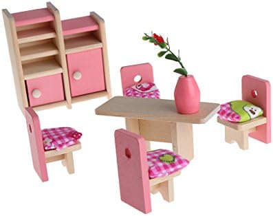 SELFON Dolls Wooden Mini House Furniture Miniature 5 Room Set Toy  Girls Christmas Gifts (Dining Room Set)