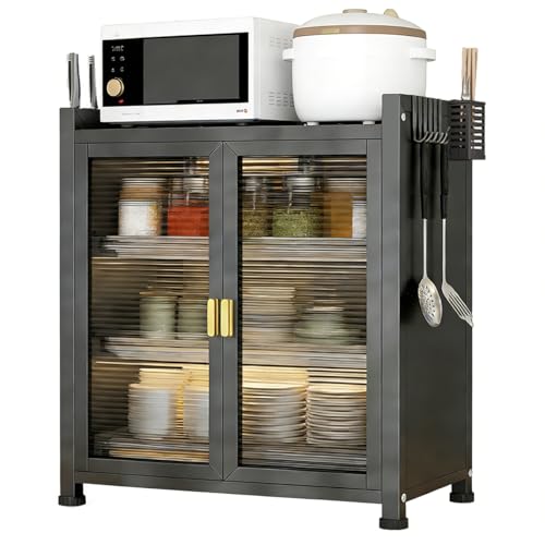 DNIDIO Organizador de Platos, 3 Niveles con Puerta, Trastero Escurridor, Antipolvo e Insectos, con Soporte para Cuchillo y Cubierto y 4 Ganchos, 60 CM(Negra)