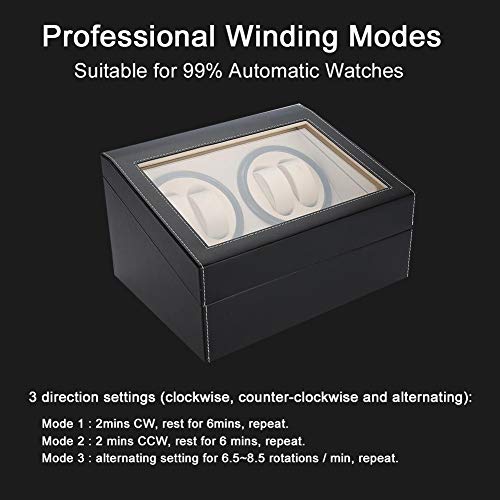 TMISHION Watch Winder Box, 4 Automatic Watches + 6 Grids Watch Storage Case Quiet Motor Multiple Rotation(Black+US Plug)