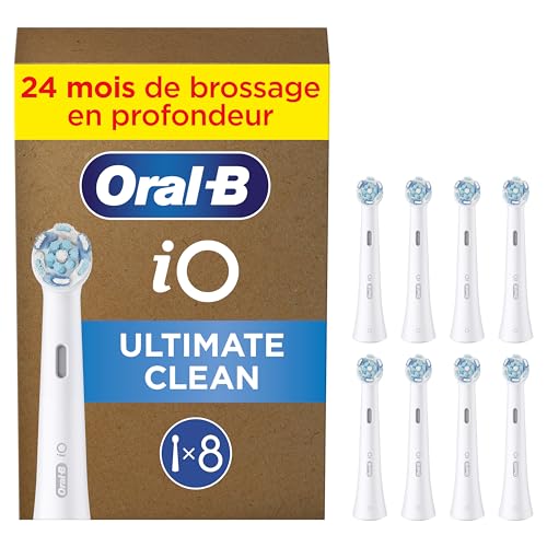 Oral-B Brossettes de Rechange Ultimate Clean, lot de 8, Blanches – Recharges Brosse à Dents Électrique iO, pour Adultes, Tête Ronde pour un Brossage en Profondeur, Emballage en Carton