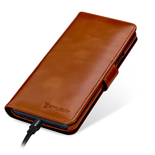 StilGut Samsung Galaxy S9+ (S9 Plus) Case. Flip Leather Wallet Cover with Card Slots, Cognac Brown - Thumbnail 6