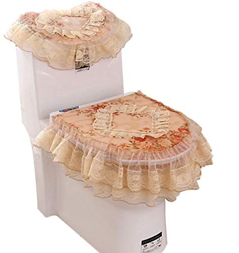HOMESUPPLIES Pastoral Lace Cloth Bathroom Toilet Decor 3-Piece Tank Cover, Toilet Seat Cover Set lace Zippered Toilet Seat Cover Set (Gold)