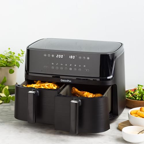 GreenPan Switch Horno Air Fry XL 9 en 1, 2 cestas para freír (2 x 5 L), cesta antiadherente, calentamiento rápido, programas multifunción, apagado automático, pantalla LED, mango tacto frío, Sin PFAS