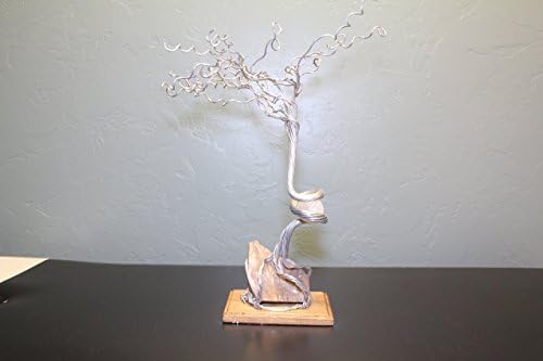 Healing Wire Bonsai Tree Handmade For Hanging Jewelry On Wood Base Stand W/ White Fiber Optic Sphere And Jasper/Agate Rock Chunk