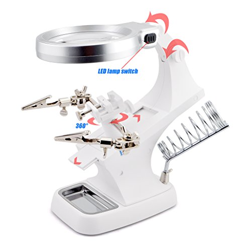 OLLGEN LED Soldering Station,Third Hand Soldering Solder Iron Stand Holder with Alligator Clip,3X Main Lens 4.5X Accessory Lens,10 LED Lighting(White)