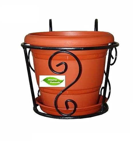 Railing Pot Holder Metal for 8 Inch Pot and Bottom Tray (Black) - Minerva Naturals