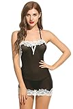 Avidlove Women Sexy Lingerie Halter Backless Lace Trim Babydoll G-String 2 Piece Set Sleepwear