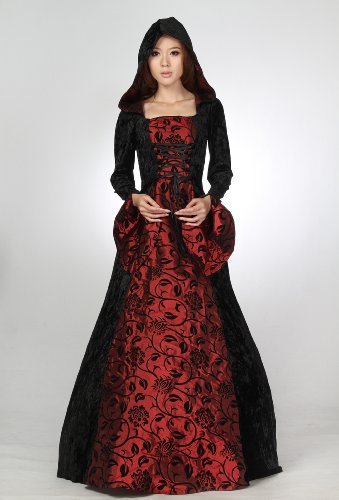 Halloween Renaissence Medevial Satin& Velvet Pattern Evening Dress Cloak Gothic Tops Ball Gown Prom Sc41012 (M)