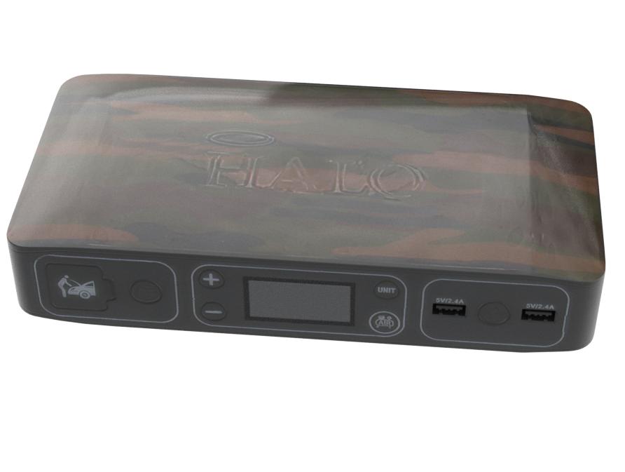 Halo Bolt Air 58830 Mwh Emergency Power Kit With Tire Pump 4 Interchangeable Air Nozzles Car Jump Starter And Car Charger Camouflage Amazon Co Uk Automotive