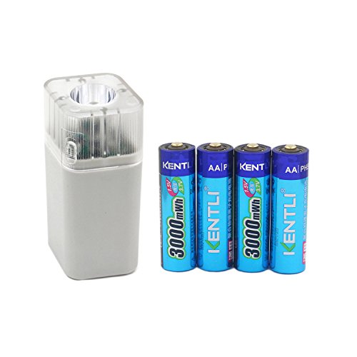 KENTLI 4pcs 1.5v 3000mWh Li-Polymer Lithium Rechargeable AA Battery + 4 Slots Smart Charger with LED Flashlight fuction