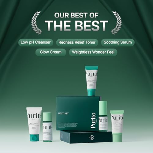 PURITO SEOUL Best Kit - Skincare Routine with Panthenol Cleanser & Cream, Unscented Centella Serum & Toner, For All Skin Types, Gift Set, For Face, Facial Serum, K-Beauty, 3.52 fl. oz.