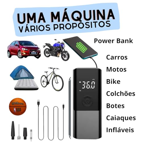 Bomba Ar Portátil Calibrador Encher Pneu Carro Bike Moto Mini Compressor | Carro, Bike, Moto, Encher Pneu