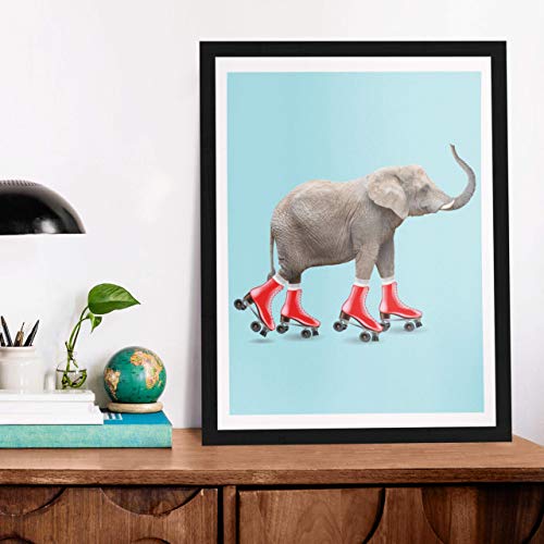 Elephant Roller Skating Art Print Poster - Fun and Cute, Elephant on Red Roller Skates Kid's Bedroom, Nursery & Home Wall Decor - This Loveable Art Print Poster Measures 11x14 inches, Unframed