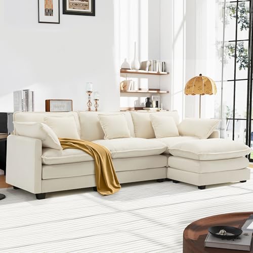 Urhanherry L-Form Cloud Sofa, Modulares Sektionssofa 4-Sitzer Mit Ottomane, Modernes Sofa Mit Armlehnen/Dekokissen, Atmungsaktivem Chenille-Stoff, L Couch Für Wohnzimmer, Beige
