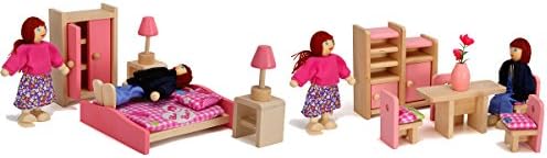 Wood Doll Dollhouse Furniture Set, Pink Miniature Bedroom/ Dining House Furniture Dollhouse Decoration accessories with 2 People Wooden Family Play Dolls (2-4 inches) for Pretend Play Kid Children Toy