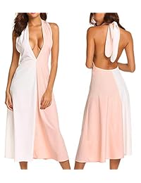 Sexy  Vestido largo de gasa sin mangas con cuello halter, para mujer