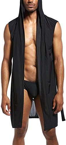 Soft Sleeveless Mens Summer Silky Hooded Bathrobe,Sexy Sleepwear Knee-Length with Belt