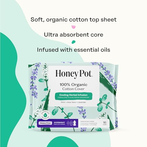 The Honey Pot Company - Herbal Sanitary Pads for Women - Heavy Flow Overnight w/Wings - Infused w/Essential Oils for Cooling Effect & Organic Cotton Cover - Feminine Care - 16 ct